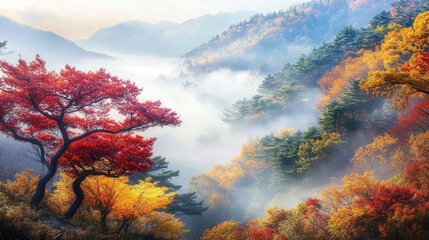 A breathtaking autumn landscape with a misty forest. The vibrant colors of the fall foliage create a stunning contrast against the foggy backdrop.