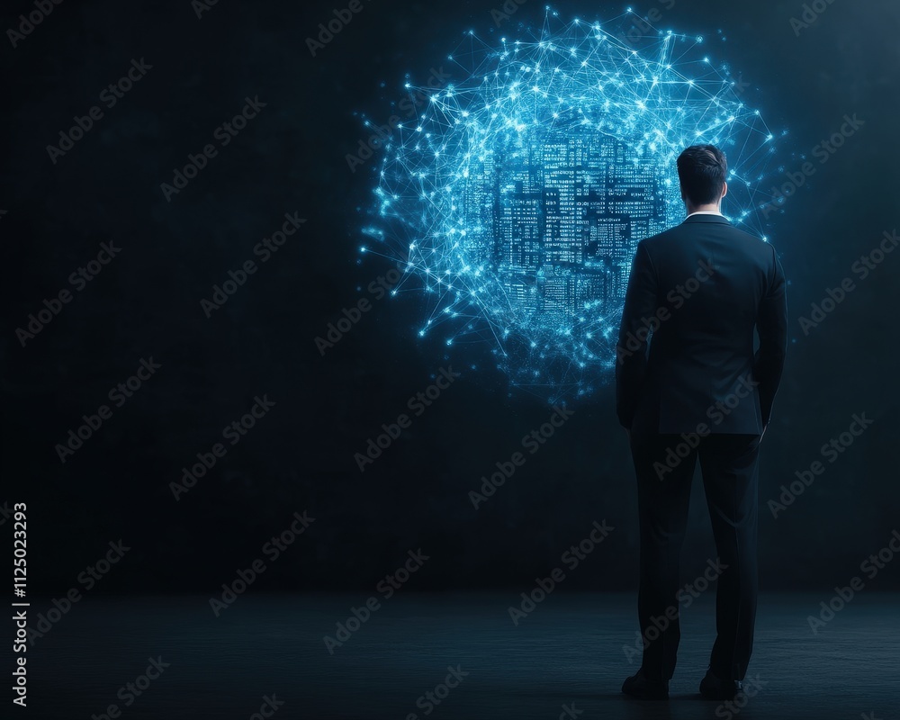Poster a businessman stands in front of a glowing digital network, symbolizing innovation and technology in