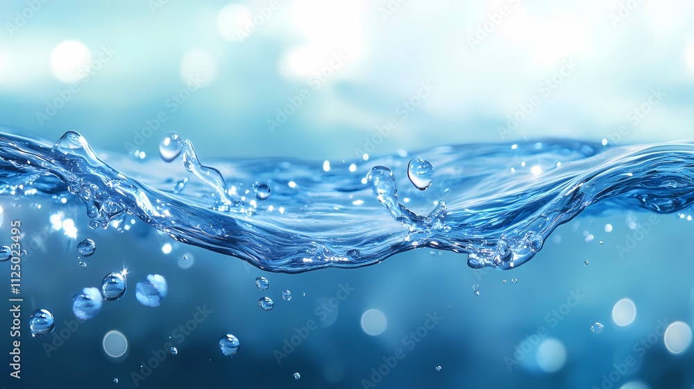 Poster a close-up of shimmering blue water with dynamic waves and droplets, capturing a serene and refreshi