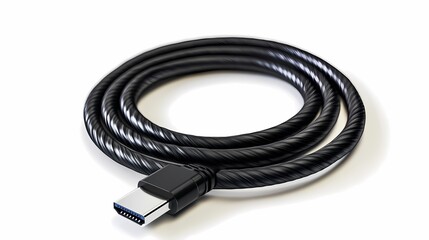 A close-up of a coiled black USB-C cable on a clean white background.