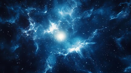 Obraz premium A mesmerizing cosmic scene filled with swirling blue nebulae and sparkling stars.