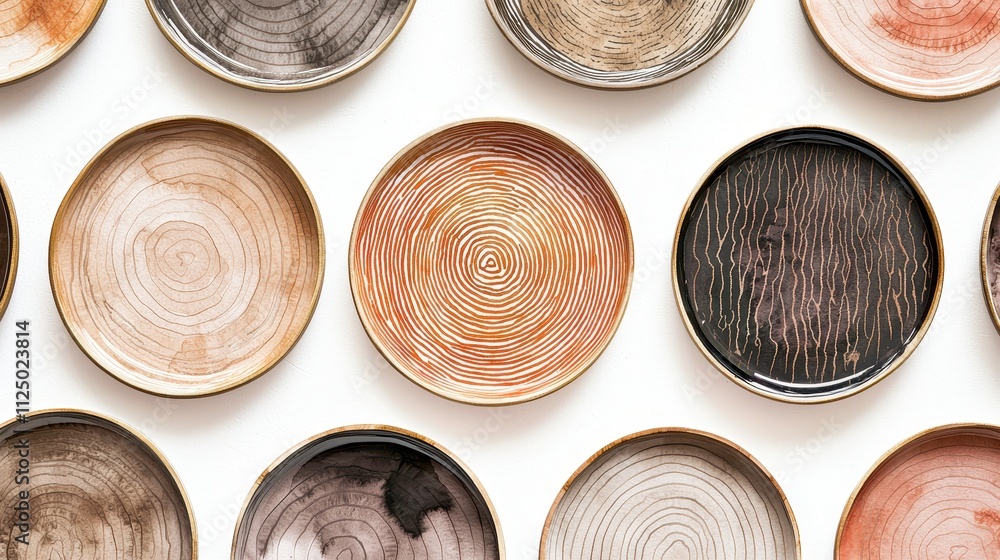 Aufkleber a collection of beautifully crafted plates with unique textures and colors arranged in an artistic d