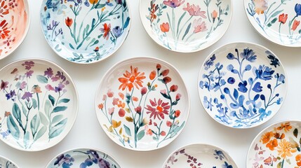 Colorful, hand-painted plates featuring floral designs arranged in a decorative pattern on a light background.
