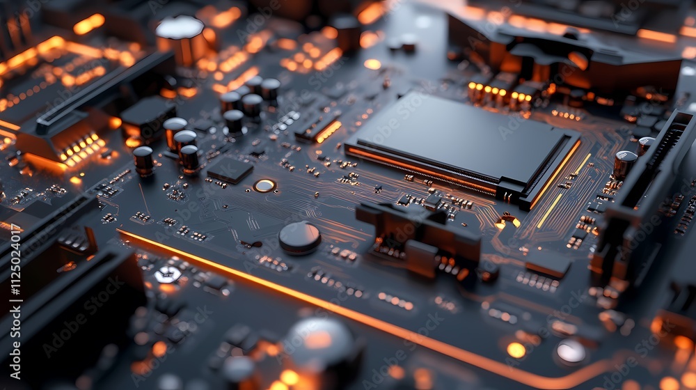 Poster close-up of an intricate circuit board with glowing components, showcasing advanced technology in a 