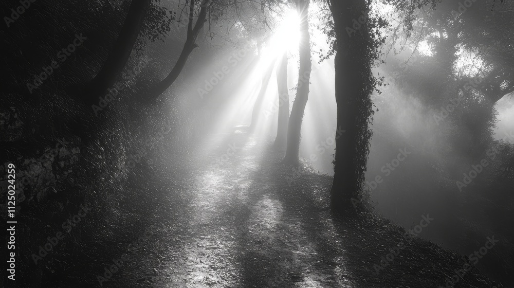 Poster sunbeams illuminate misty forest path