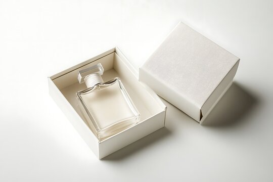 White flacon lying in blank open box on pink background. Fragrance and spray. Concept of skin, beauty care and cosmetic. Mockup for product display