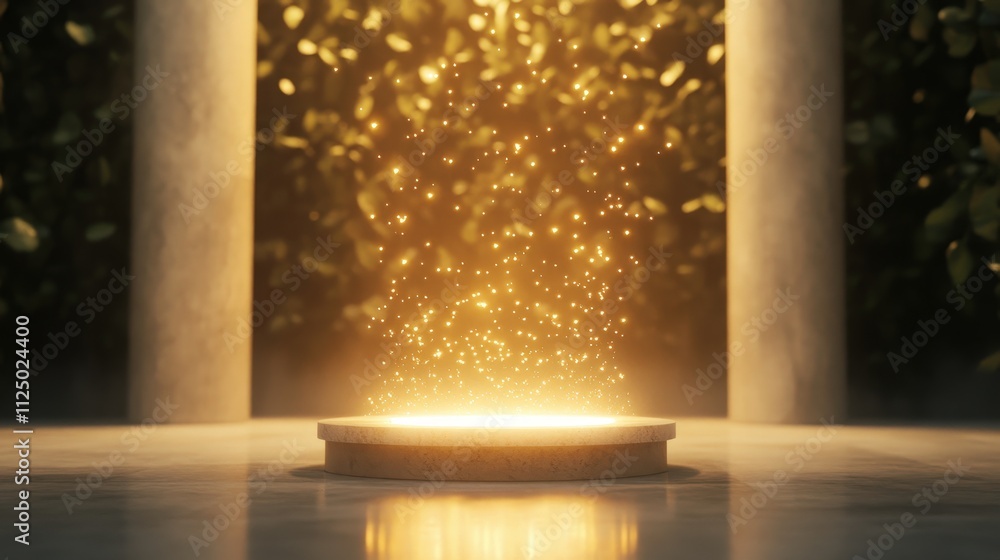 Aufkleber a glowing golden light emanates from a circular platform, surrounded by lush greenery and columns, c