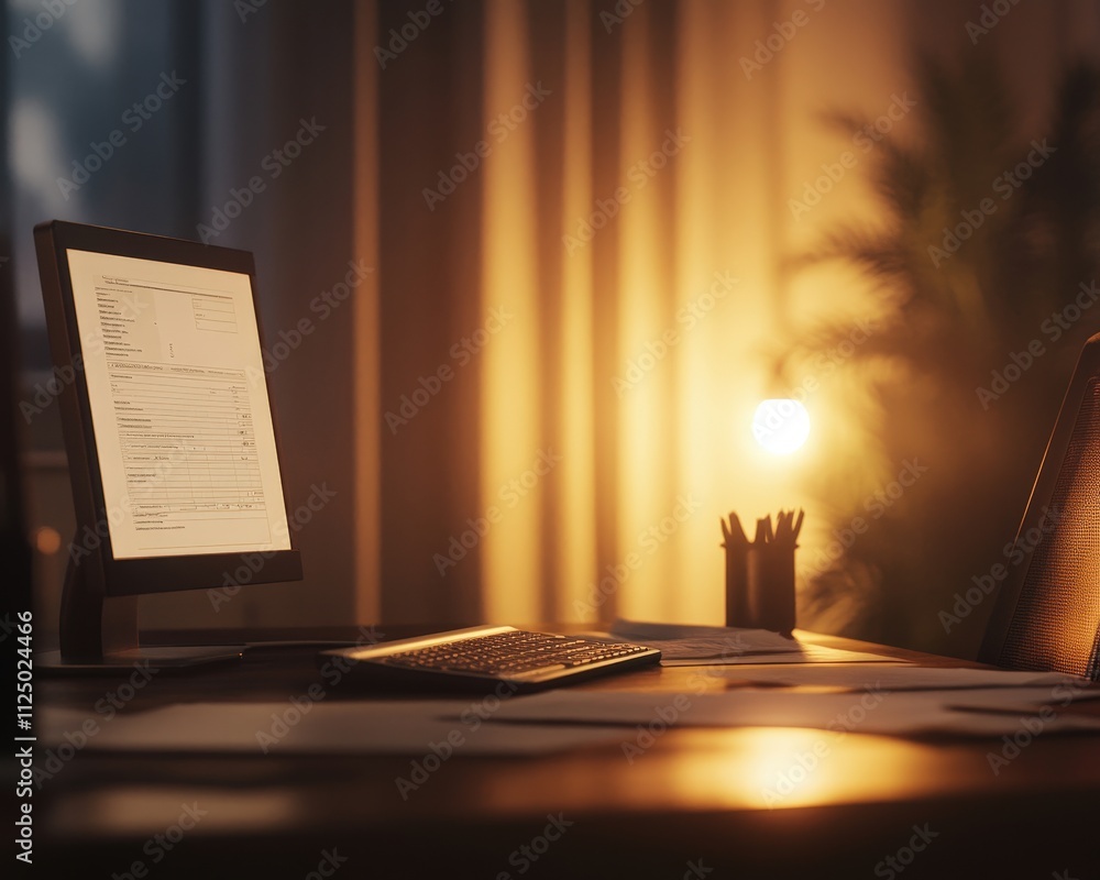 Poster a cozy workspace with a computer, illuminated by warm light, creates an inviting atmosphere for prod