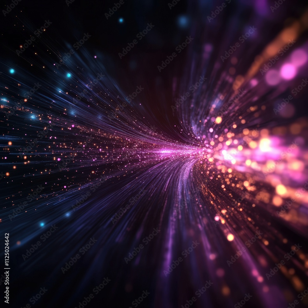 Poster a vibrant swirl of colorful light particles radiates through a dark expanse, creating a dynamic sens