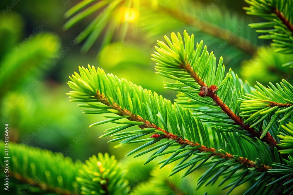 Poster close-up of lush green conifer branches with soft focus background and copy space for nature-themed 