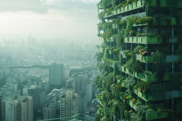 Lush vegetation adorns a contemporary high-rise building, showcasing sustainable urban design