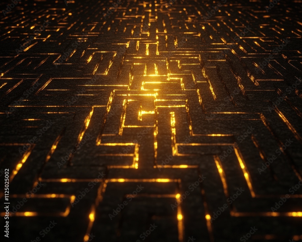 Poster a mesmerizing pattern of glowing golden lines creates a labyrinth-like effect on a dark surface, evo