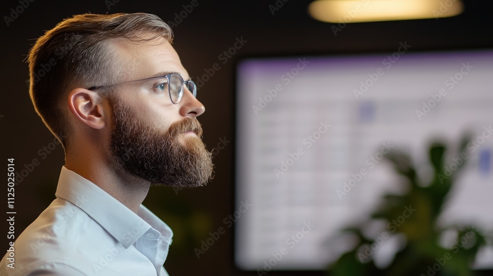 Poster a focused man with glasses and a beard stands in profile, contemplating in a modern workspace with a