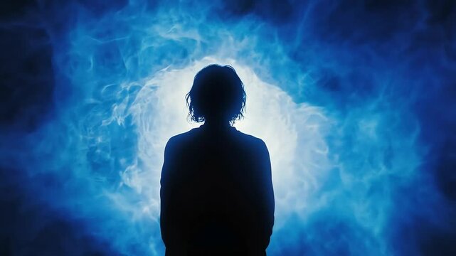 Silhouette of person mystical blue smoke background