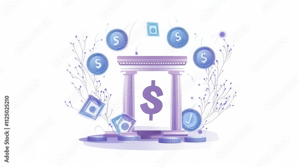 Poster a stylized image featuring a column adorned with a dollar sign, surrounded by coins and monetary sym