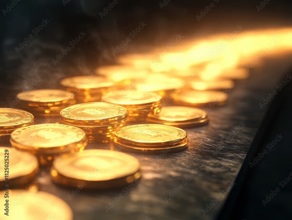 Poster a close-up view of shiny gold coins glinting in the light, creating a captivating scene of wealth an
