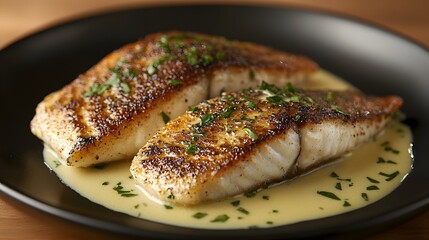 Barramundi is elegantly plated, featuring perfectly seared fillets drizzled with creamy sauce and garnished with fresh herbs, creating an inviting and delicious presentation.