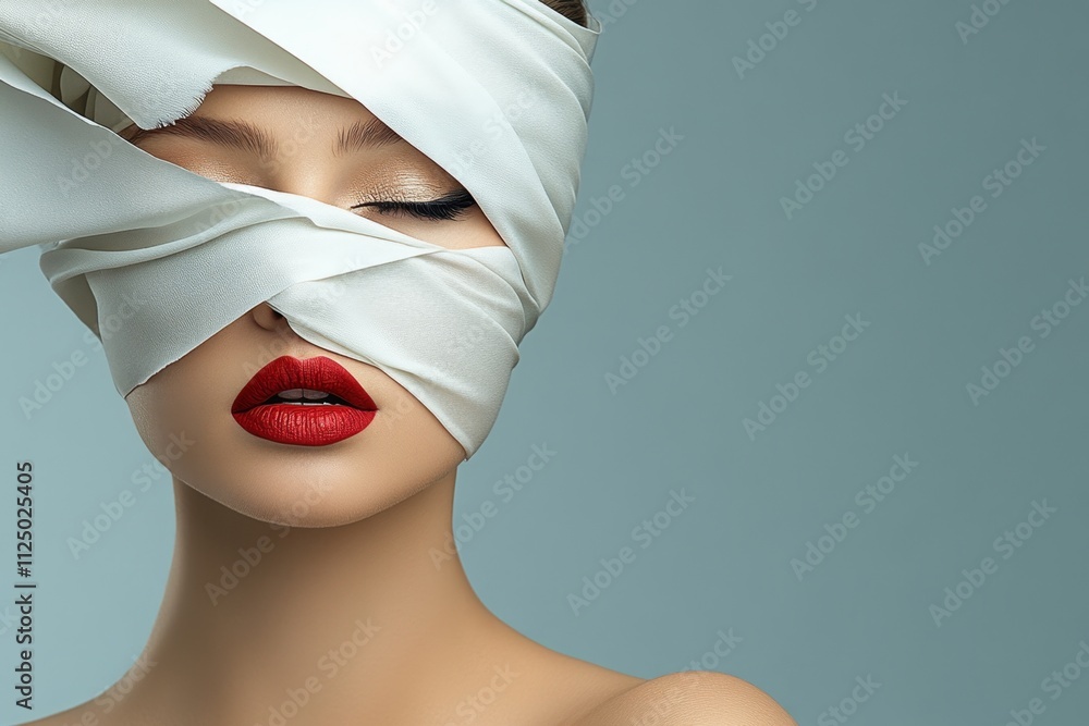 Aufkleber a conceptual image of a woman with her face artistically covered by tissue, creating a mysterious an