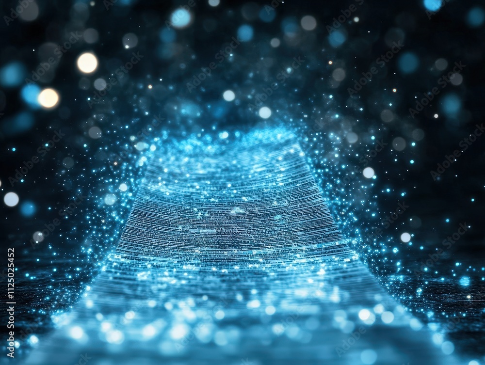 Poster a stunning visual of blue particles shimmering against a dark background, creating a dynamic and eth