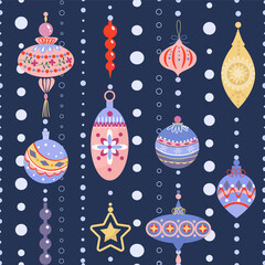 Vintage seamless pattern with Christmas balls and Christmas tree branches on a dark background.  Limited color palette suitable for any type of printing.