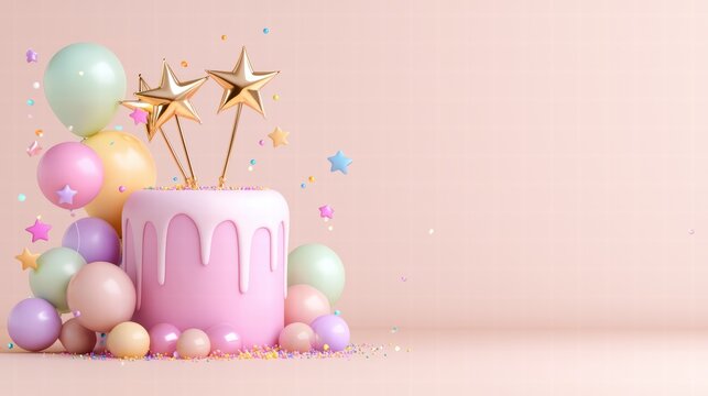 A colorful birthday cake with balloons and stars, perfect for celebrations and festive occasions.