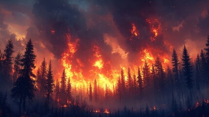 Fototapeta premium Fiery Inferno Consumes Dense Coniferous Forest