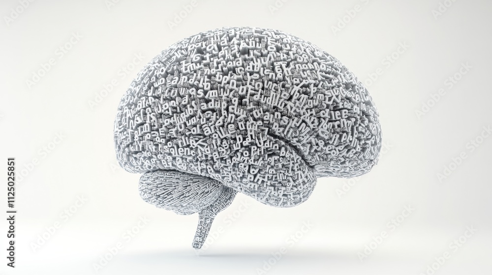 Fototapete a creative display of a human brain shaped from numerous words and phrases is presented on a plain b