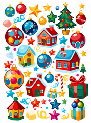 Set of colorful Christmas decorations, houses, balls, Christmas tree, gifts. Clip art. Limited color palette suitable for any type of printing.