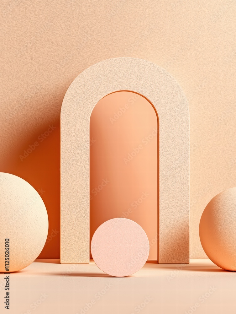 Poster a modern and minimalist display of geometric shapes in soft pastel tones on a warm background.