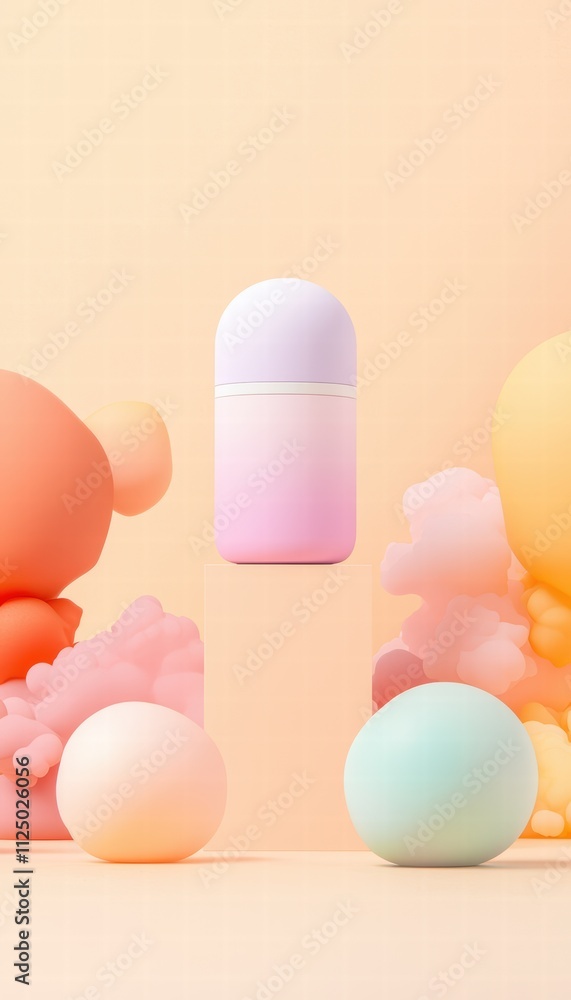 Poster a minimalistic composition featuring pastel spheres and a modern container, creating a harmonious ae
