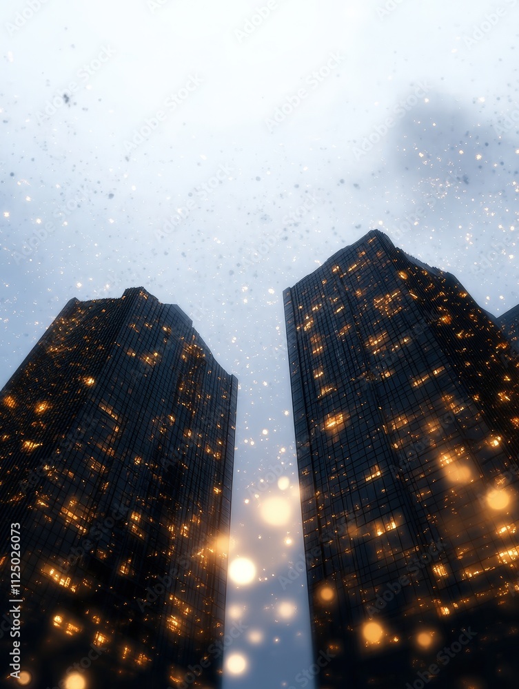 Poster a mesmerizing view of towering skyscrapers illuminated against a snowy backdrop, creating a magical 