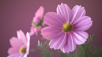 Fototapeta premium Close-up of stunning pink cosmos flowers against a soft purple background, exuding elegance and natural beauty.