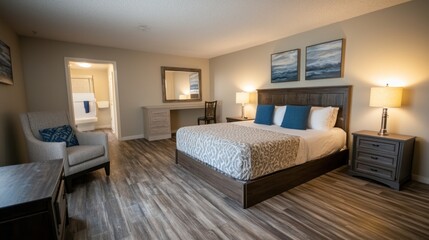 A mid-range hotel room featuring basic amenities and a welcoming atmosphere.