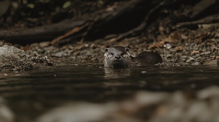 Close-Up View of a Playful Otter Emerging from a Calm Stream Surrounded by Natural Elements in a Lush Forest Setting, Capturing the Beauty of Wildlife