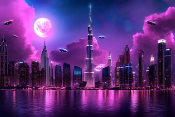 A cyberpunk-themed depiction of Dubai, with neon-lit skyscrapers, holographic advertisements, and flying cars zooming through a futuristic cityscape