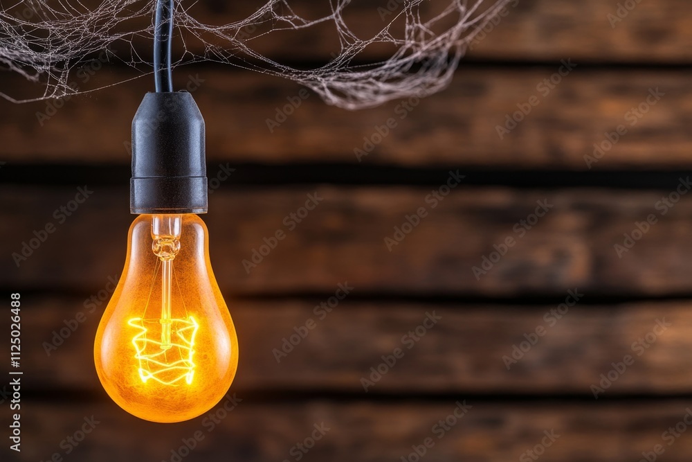 Poster a detailed image of a dusty light bulb hanging in an old attic, with cobwebs forming around its edge