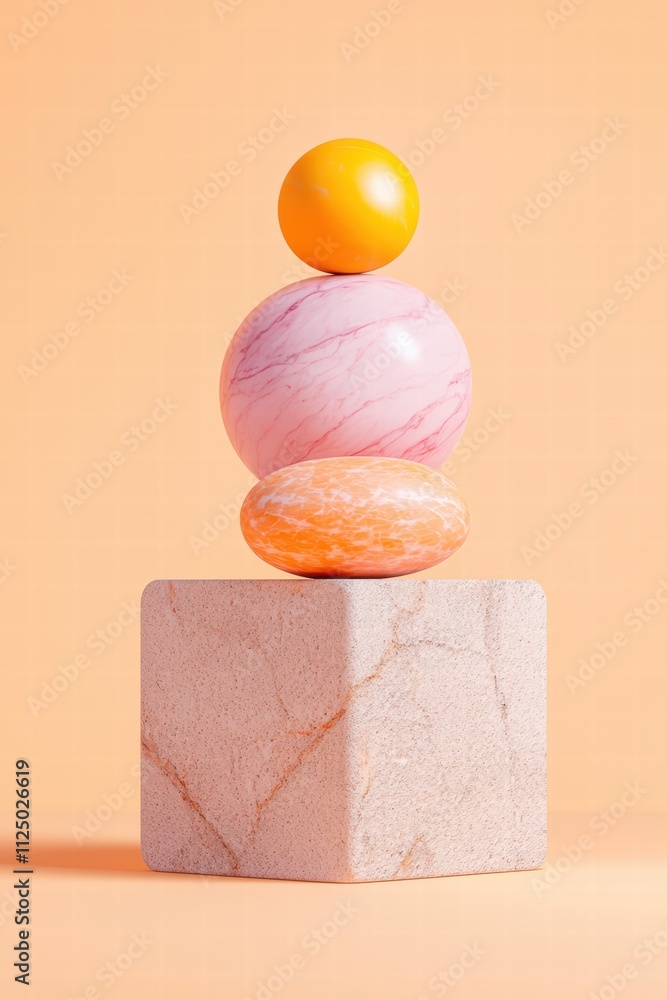 Poster a vibrant arrangement of colorful spheres and a cube on a soft peach background, ideal for modern de