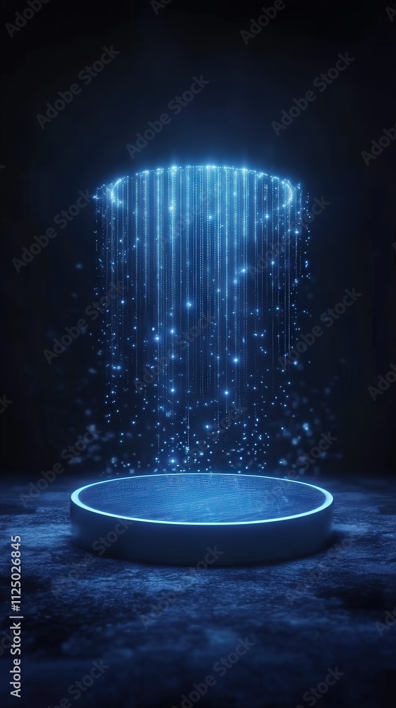 Poster a glowing circular platform with cascading blue light particles, creating a mystical atmosphere in a