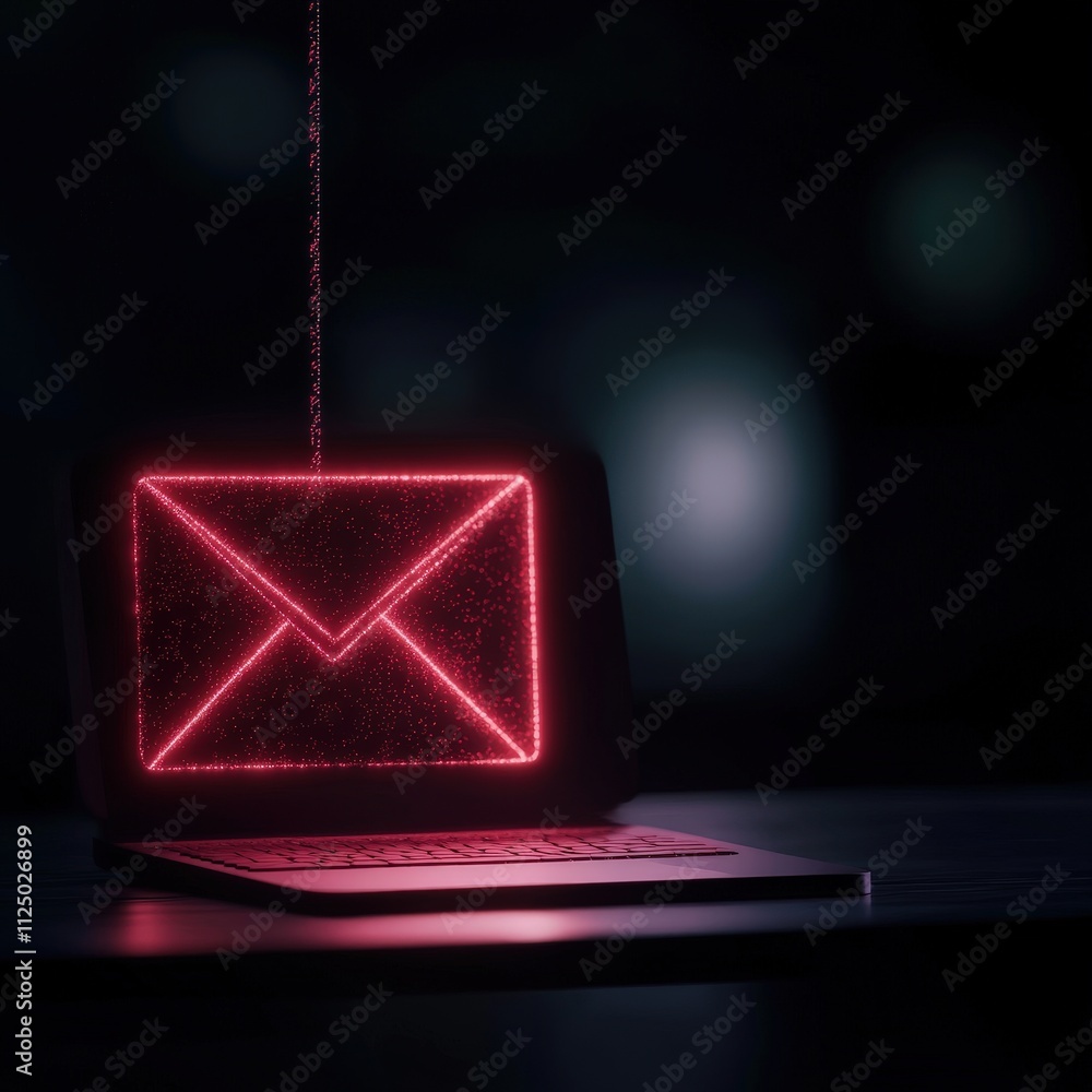 Poster a glowing red email icon hangs above a laptop, creating a modern, tech-inspired atmosphere in low li