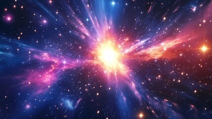 Obraz premium A vibrant explosion of colors captures the essence of a cosmic event in space, showcasing brilliant hues of blue, pink, and gold.