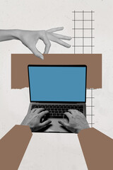 Composite trend artwork 3D sketch photo collage of huge hand type keyboard hold laptop online arm...
