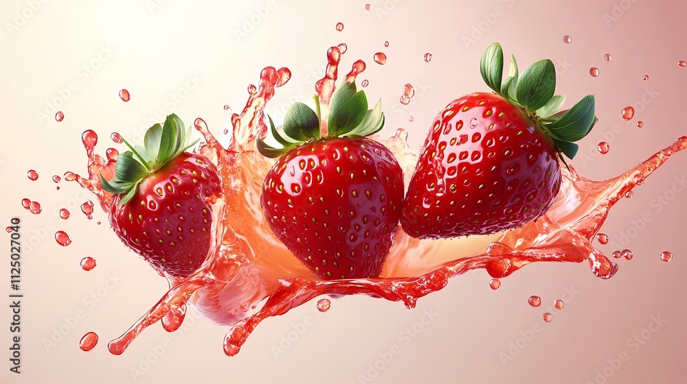 Poster three ripe strawberries splash in vivid red liquid, creating a refreshing and energetic mood.