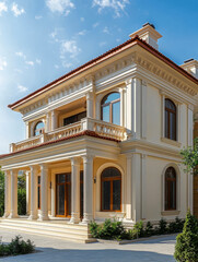 Obraz premium Luxurious villa featuring classic architectural design, arched windows, and a spacious balcony under a bright blue sky with greenery