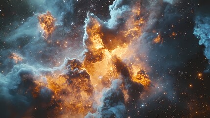 A breathtaking cosmic nebula illuminated by fiery hues, showcasing the beauty of space in vibrant oranges and blues.