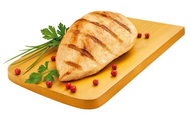 Tábua de servir com peito de frango grelhado acompanhado de temperos frescos isolado em fundo transparente