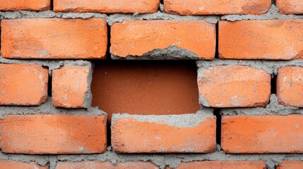 Damaged Red Brick Wall with Exposed Hole and Uneven Surface Texture and Mortar