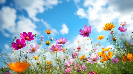Fototapeta premium A vibrant field of colorful flowers under a bright blue sky, showcasing pink, purple, and orange blooms swaying gently in the breeze.