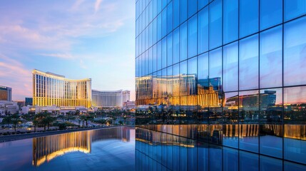 A modern hotel building with glass walls reflecting the surrounding cityscape.