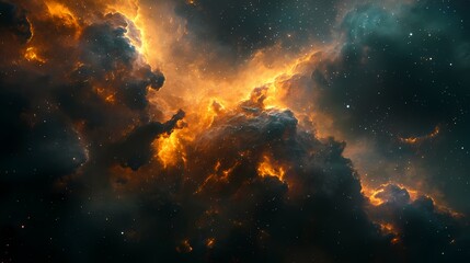 Fototapeta premium A breathtaking view of a nebula illuminated with fiery orange and gold hues against a dark cosmic backdrop.