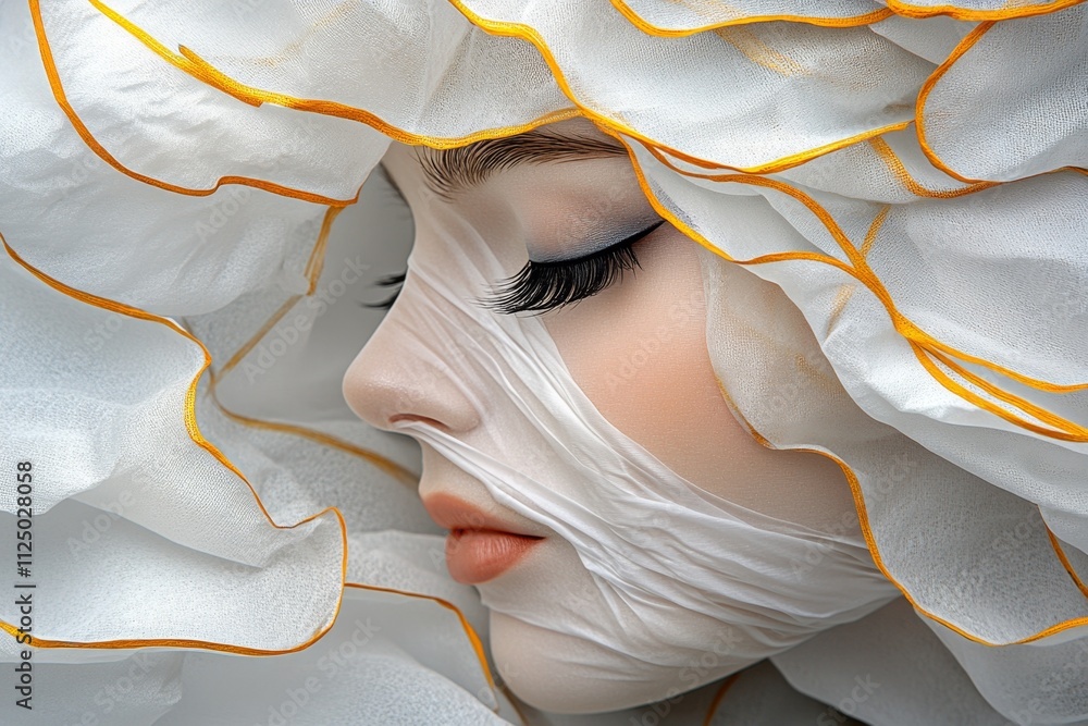 Poster a dramatic image of a woman with tissue covering her face, evoking a sense of enigma and artistic ab